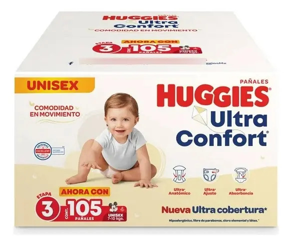 Pañales Etapa 3 Huggies Ultraconfort Unisex 105 Pzas Msi 7 A 10 Kg Niños